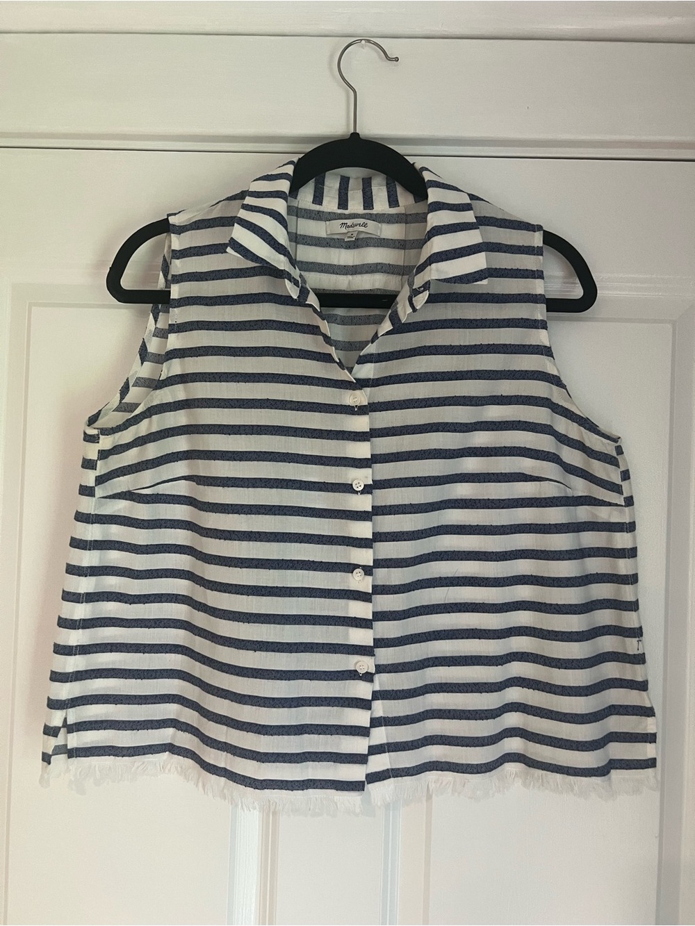 Madewell Navy & White Striped Sleeveless Button-Down Top